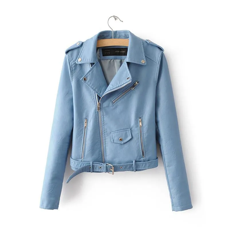 Women Faux Soft Leather Jackets Long Sleeve Motorcycle Coat