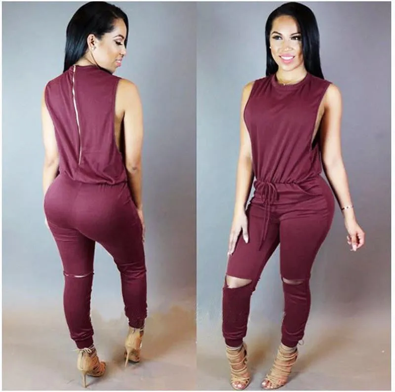 Women Jumpsuit Bodysuit Bodycon Drawstring Sleeveless One Piece Pant Hollow Plus Size Rompers