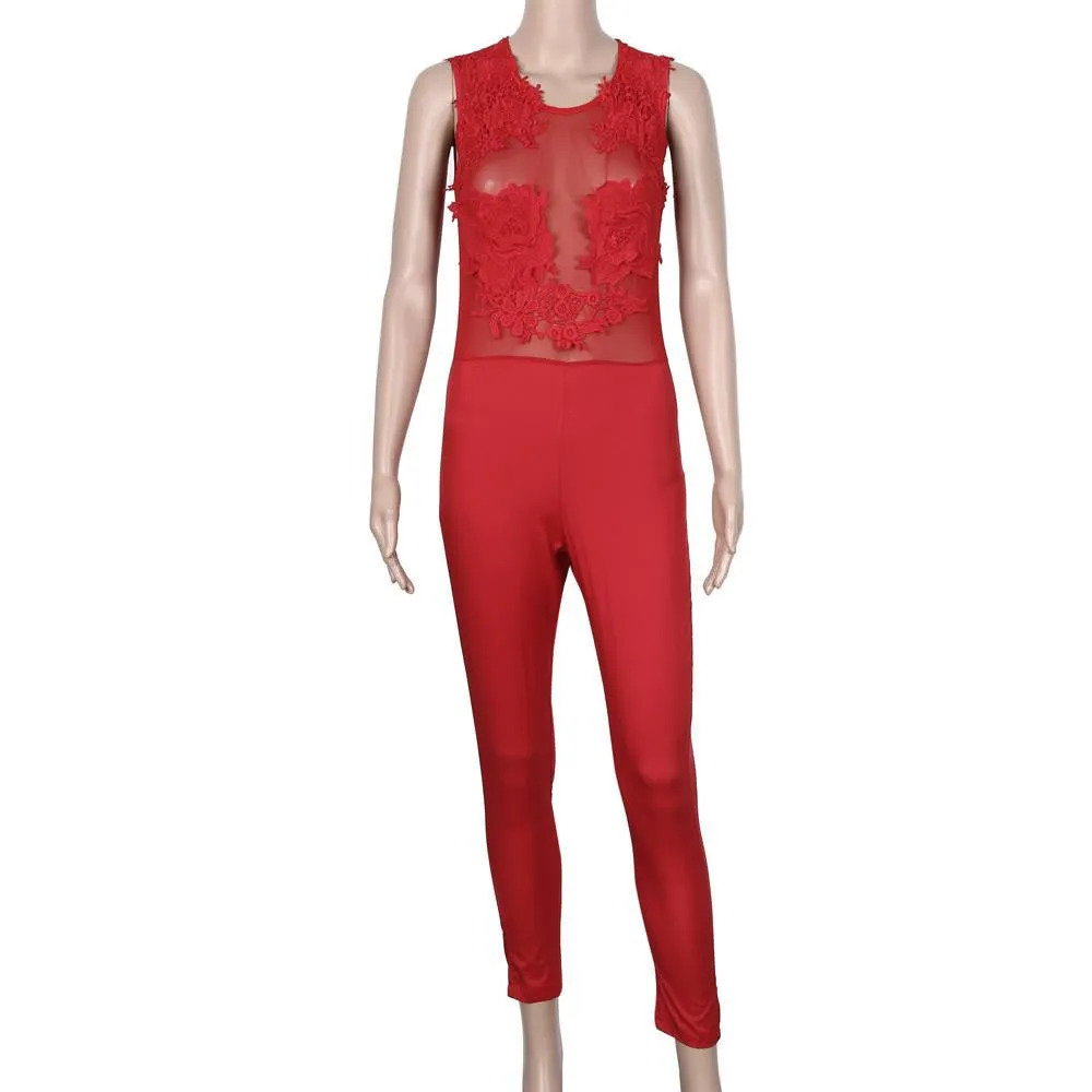 Women Jumpsuit Mesh Lace Floral Patchwork Striped Hollow Out Party Playsuit Long Jumpsuit