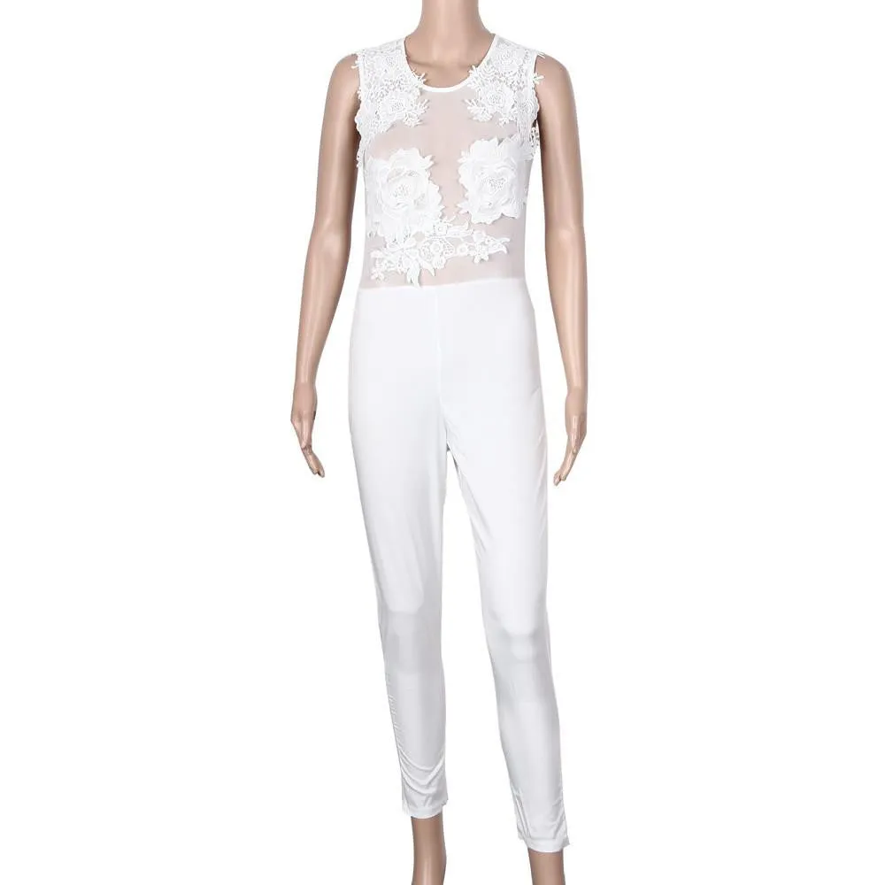 Women Jumpsuit Mesh Lace Floral Patchwork Striped Hollow Out Party Playsuit Long Jumpsuit