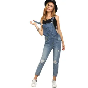 Women Jumpsuits and Rompers Sleeveless Womens Outfits Strap Blue Ripped Stone Wash Denim Overall Jumpsuit