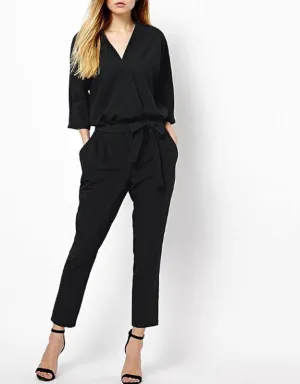 Women Jumpsuits Bodysuit Half Sleeve V Neck Casual Elegant Ladies Long Office OL Rompers Overalls