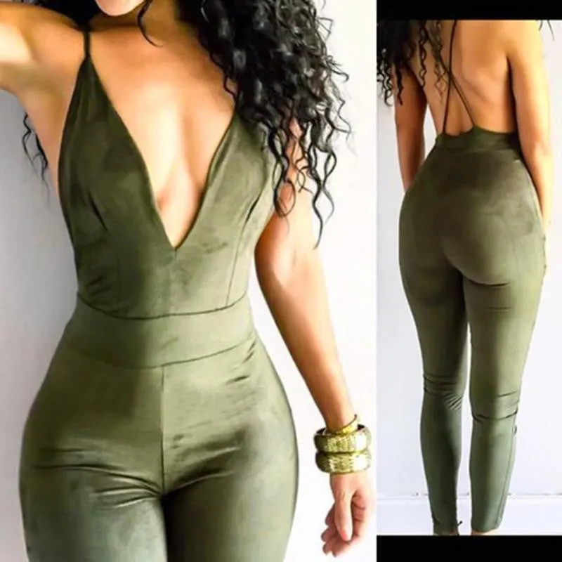 Women Sleeveless Deep V-neck Pants Playsuit Bodysuit Backless Strap Jumpsuits Romper