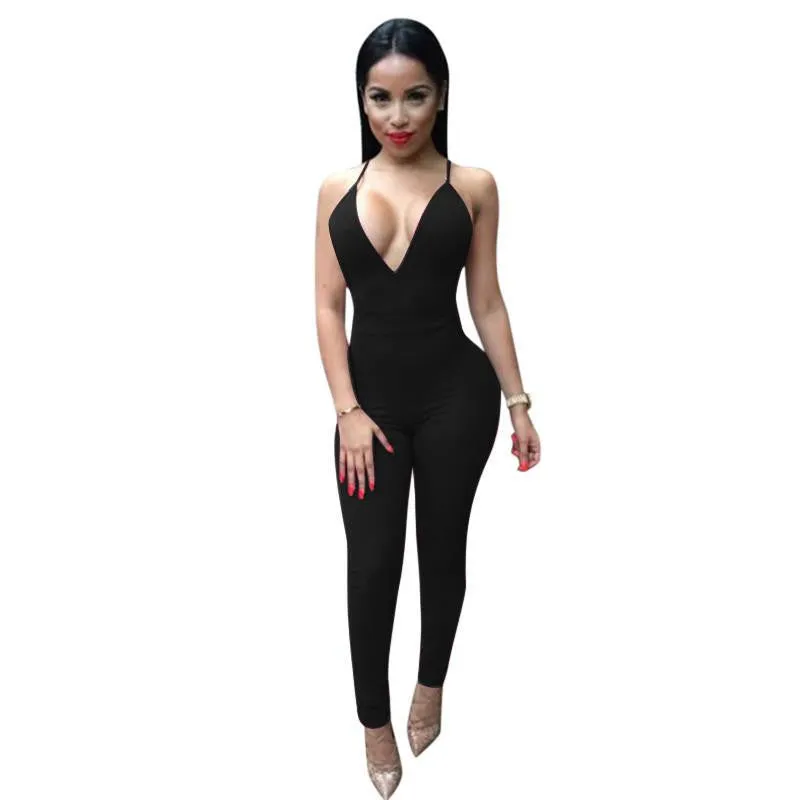 Women Sleeveless Deep V-neck Pants Playsuit Bodysuit Backless Strap Jumpsuits Romper