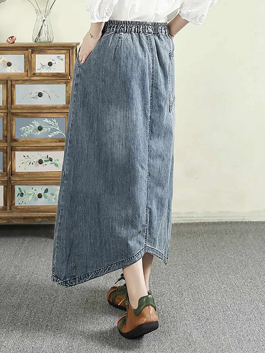 Women Spring Artsy Denim Embroidery A-Shape Skirt