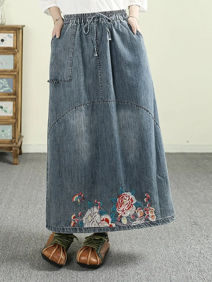 Women Spring Artsy Denim Embroidery A-Shape Skirt