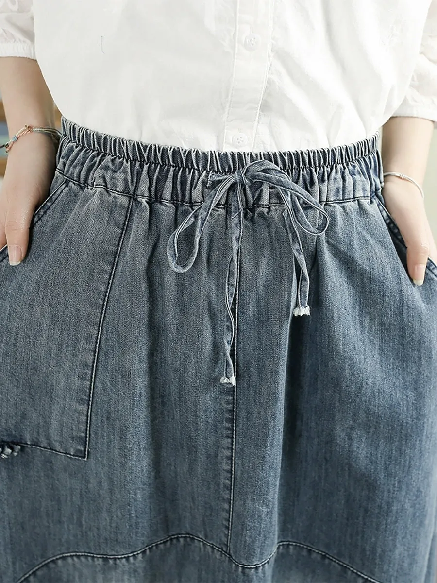 Women Spring Artsy Denim Embroidery A-Shape Skirt
