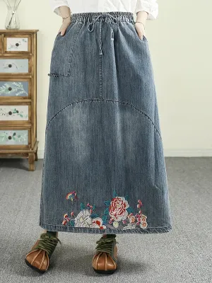 Women Spring Artsy Denim Embroidery A-Shape Skirt