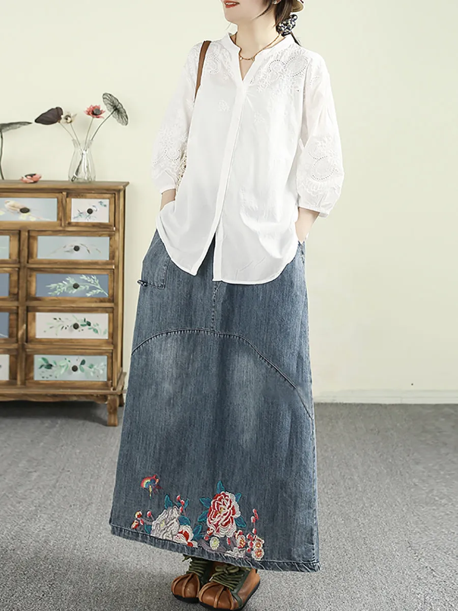 Women Spring Artsy Denim Embroidery A-Shape Skirt