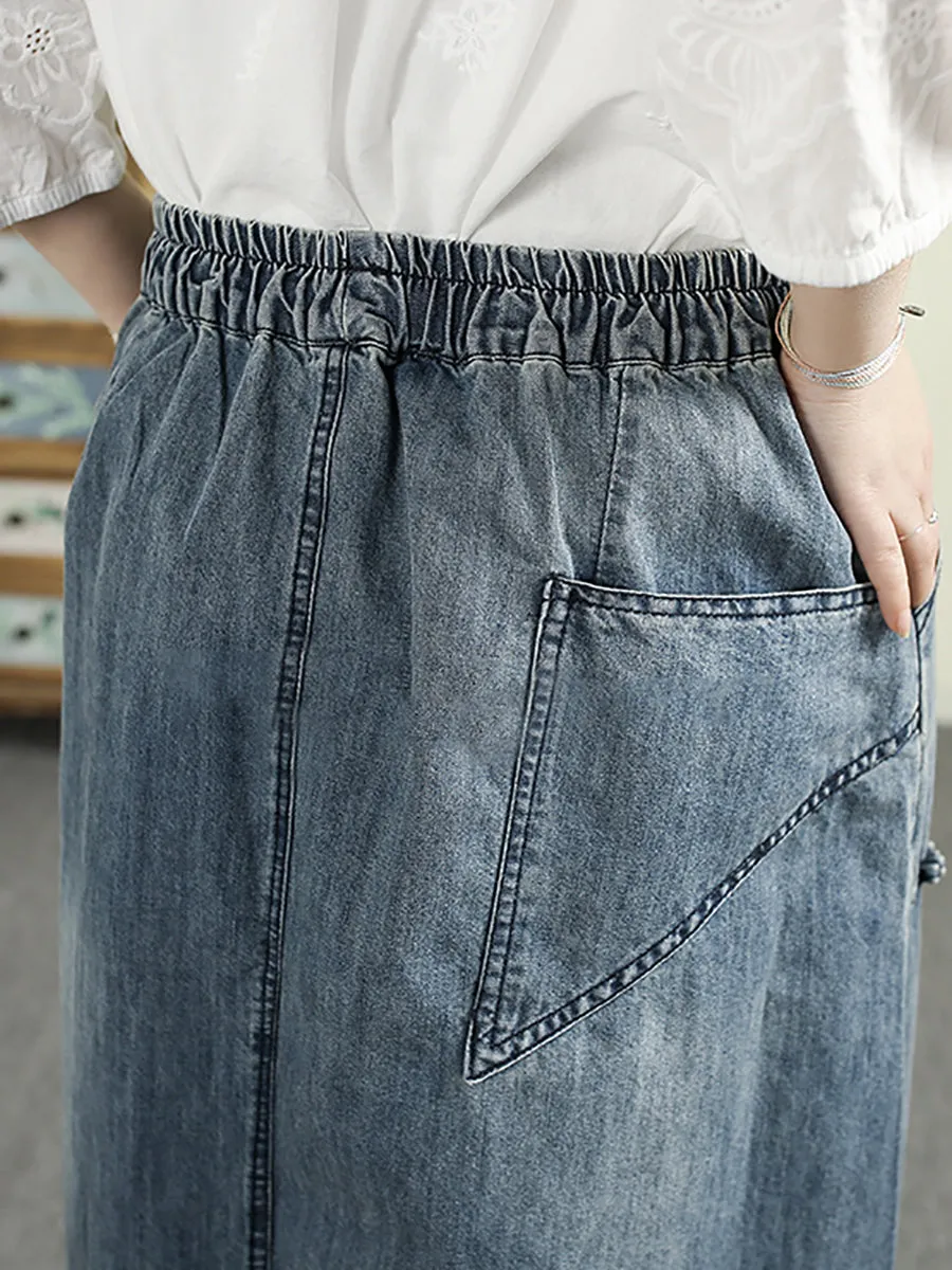Women Spring Artsy Denim Embroidery A-Shape Skirt