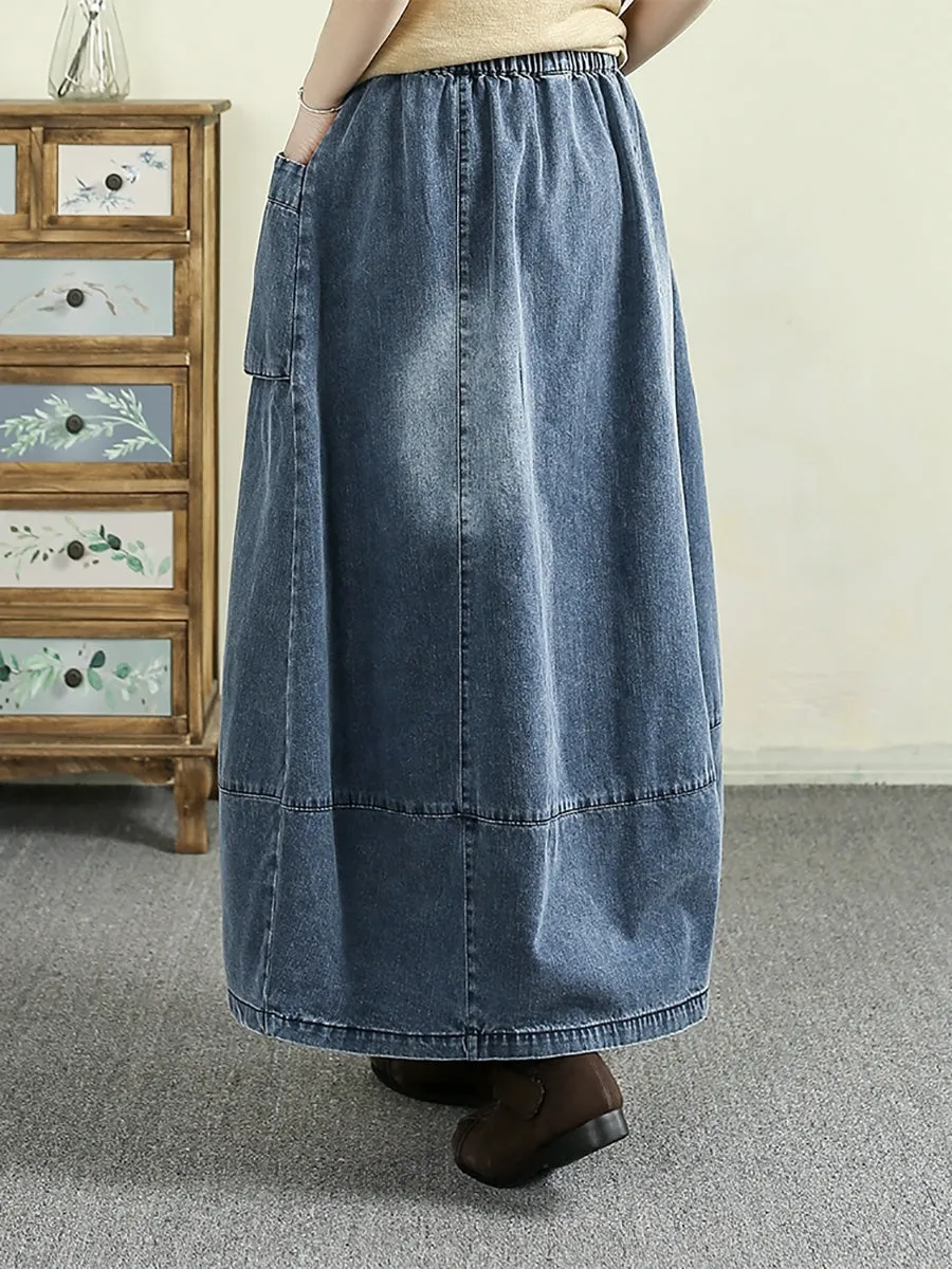 Women Spring Artsy Denim Spliced Pocket Skirt