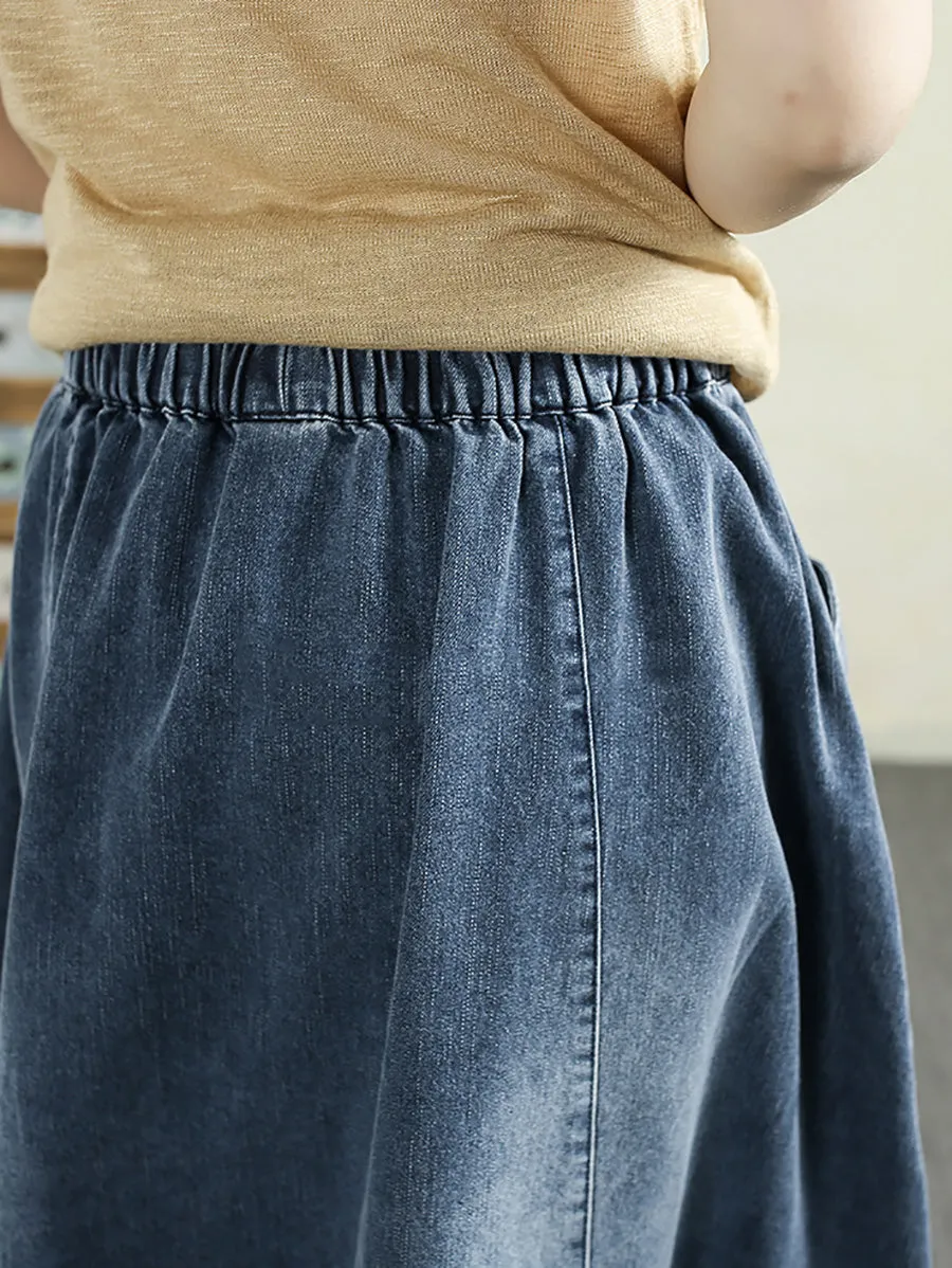 Women Spring Artsy Denim Spliced Pocket Skirt