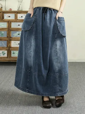 Women Spring Artsy Denim Spliced Pocket Skirt
