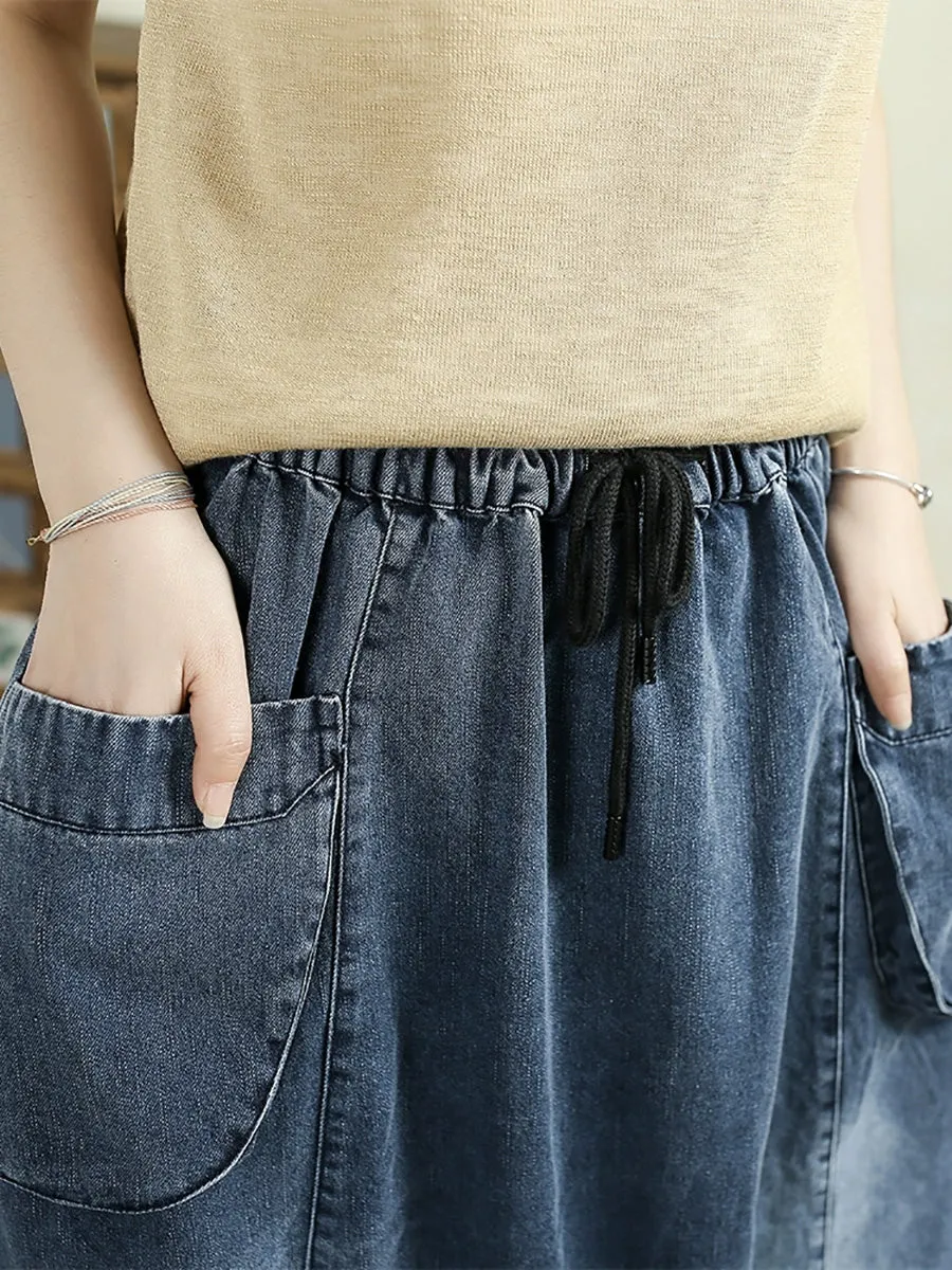 Women Spring Artsy Denim Spliced Pocket Skirt