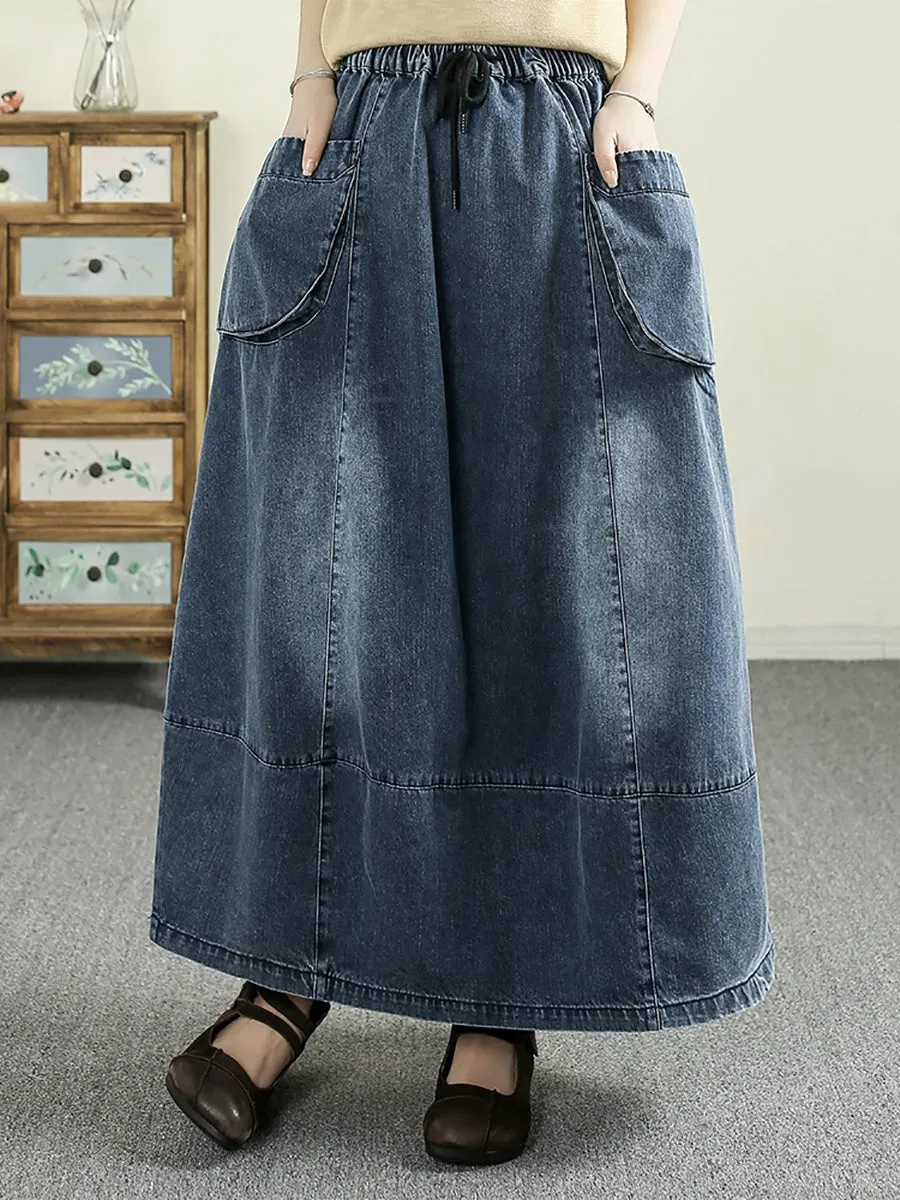 Women Spring Artsy Denim Spliced Pocket Skirt