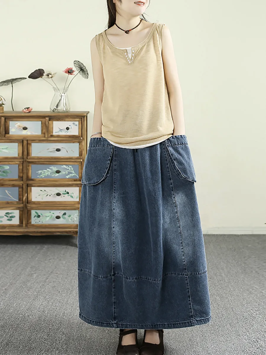 Women Spring Artsy Denim Spliced Pocket Skirt