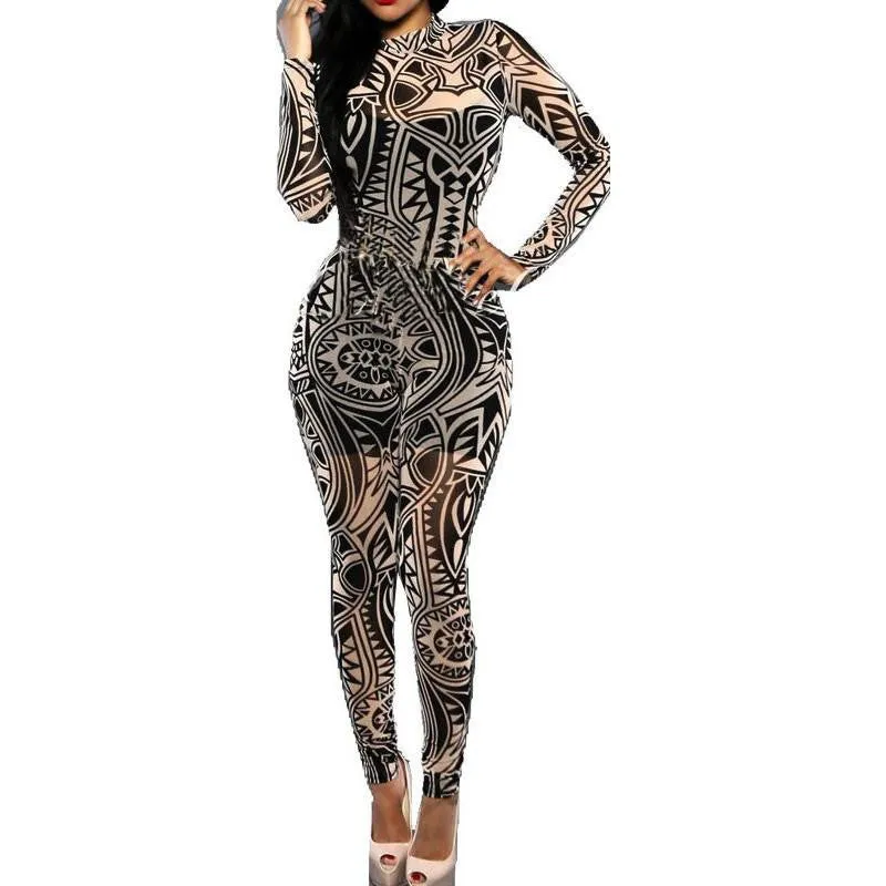 Women Tattoo Print Vintage Retro Elegant Skinny Full Length Club Party Bodycon Jumpsuit Rompers Bodysuit Overalls PL4492