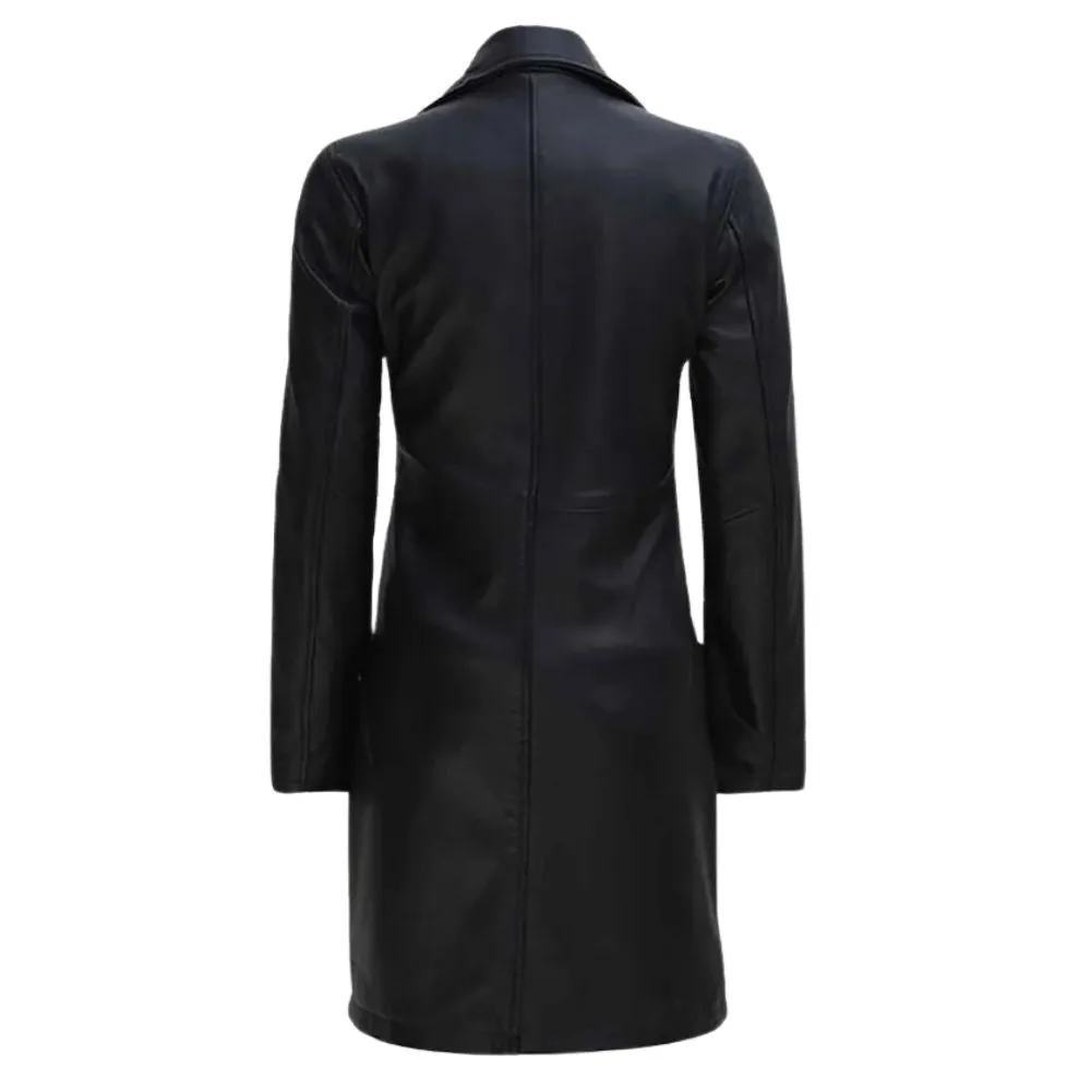 Women Timeless Black Leather Trench Coat