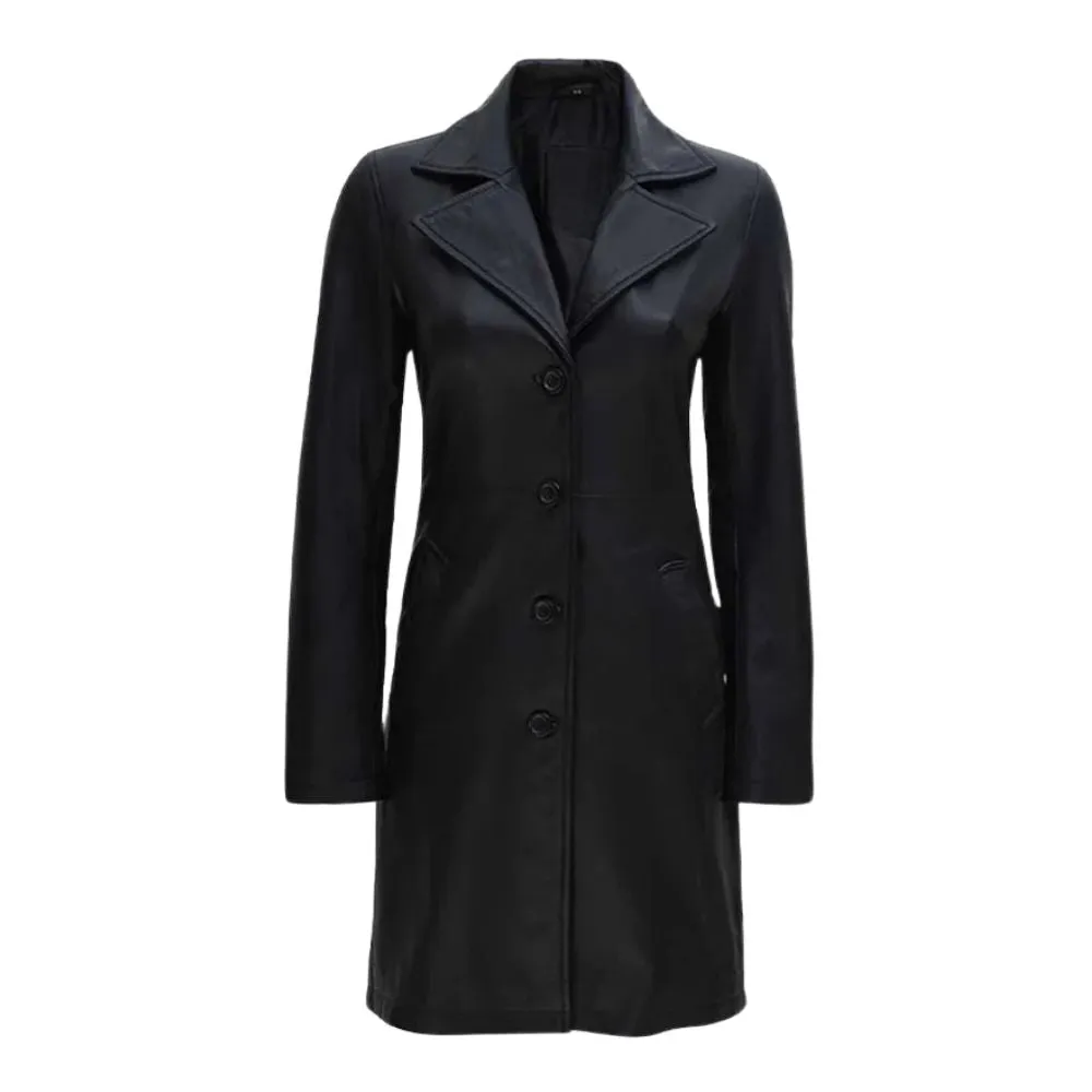 Women Timeless Black Leather Trench Coat