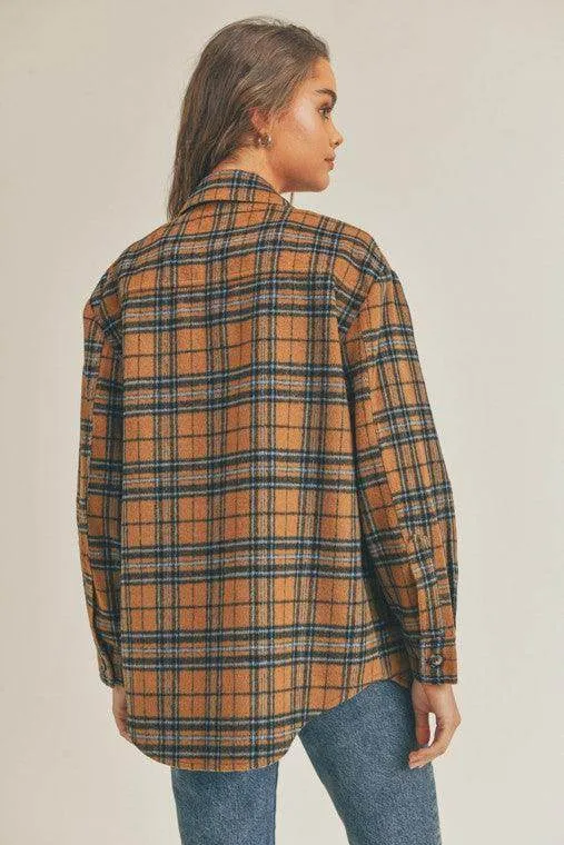 Womens Brown Blue Multi Plaid Flannel Shacket