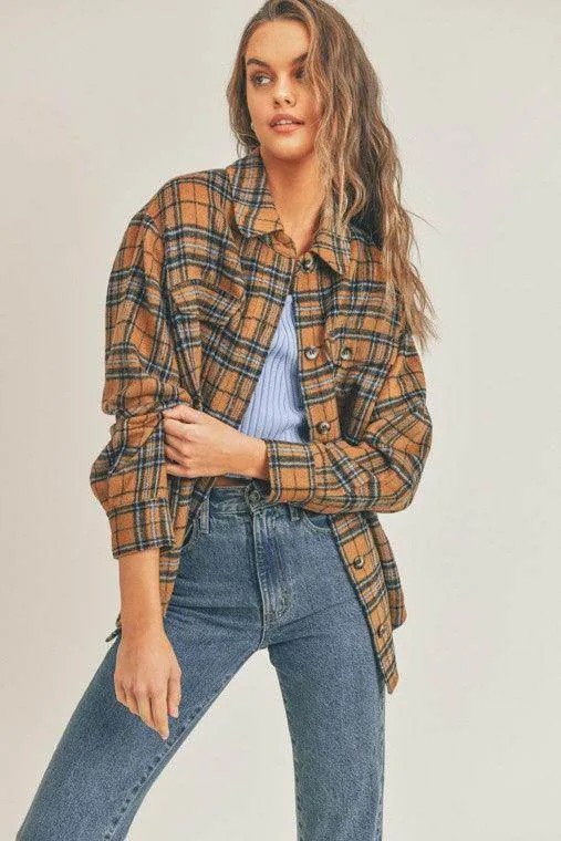 Womens Brown Blue Multi Plaid Flannel Shacket