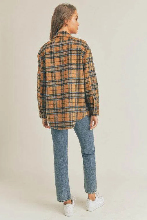 Womens Brown Blue Multi Plaid Flannel Shacket