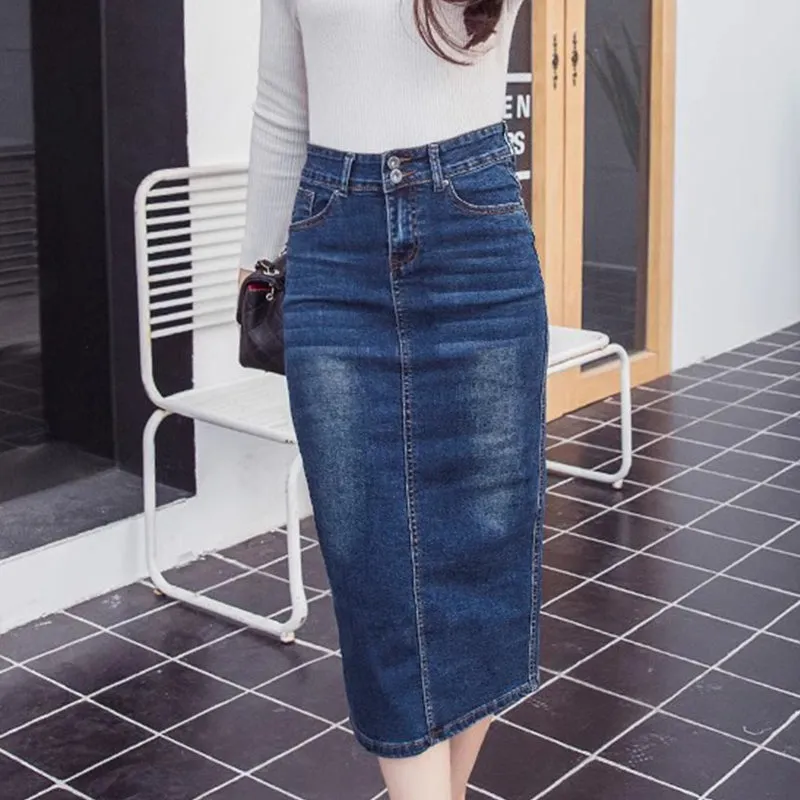 Women's Casual High Waist Back Slit Stretch Denim Skirts