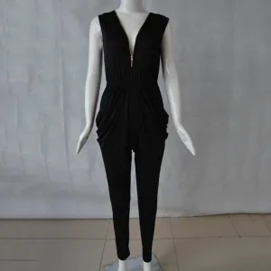 Women's Deep V Neck Bandage Bodycon Clubwear Black Playsuit Sleeveless Casual Long Romper Party Jumpsuit