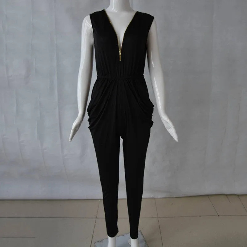 Women's Deep V Neck Bandage Bodycon Clubwear Black Playsuit Sleeveless Casual Long Romper Party Jumpsuit
