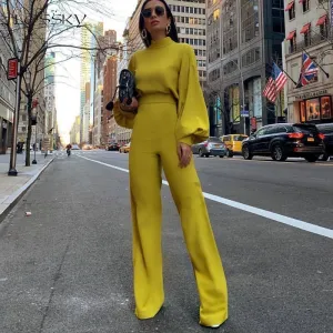 Women's Elegant Puff Long Sleeve Mock Neck Jumpsuit | Wide Leg