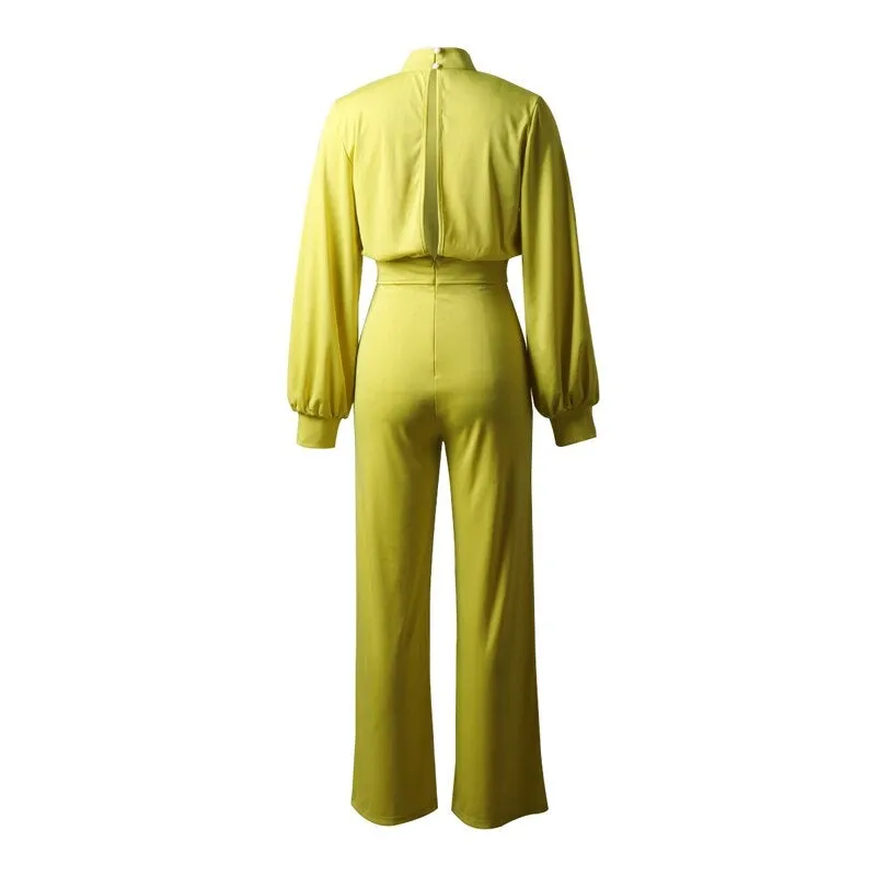 Women's Elegant Puff Long Sleeve Mock Neck Jumpsuit | Wide Leg