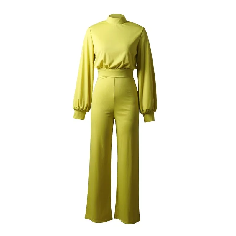 Women's Elegant Puff Long Sleeve Mock Neck Jumpsuit | Wide Leg