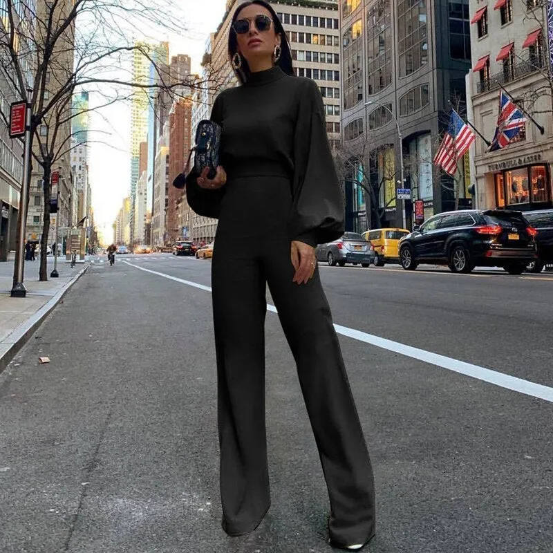 Women's Elegant Puff Long Sleeve Mock Neck Jumpsuit | Wide Leg