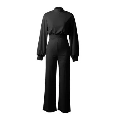 Women's Elegant Puff Long Sleeve Mock Neck Jumpsuit | Wide Leg