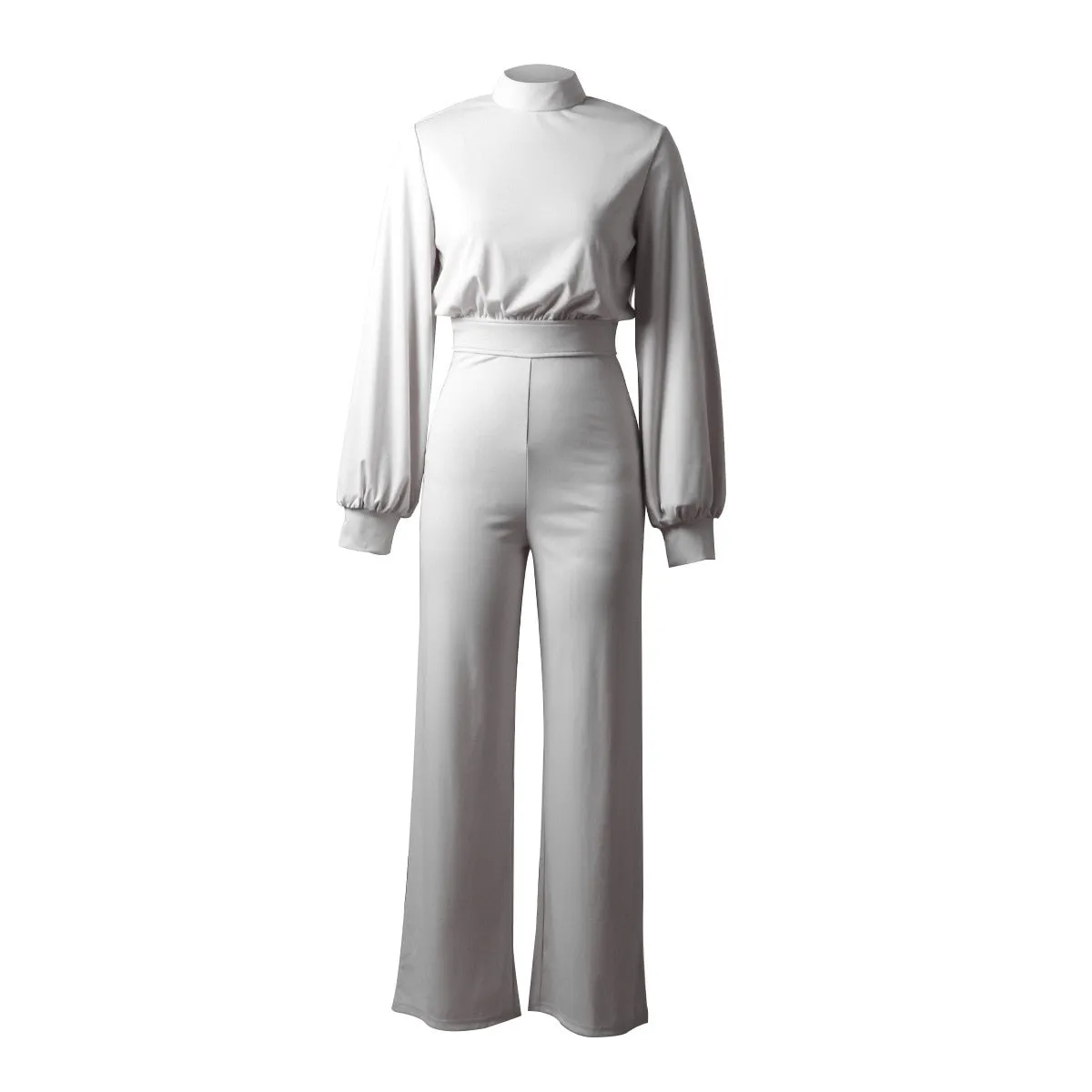 Women's Elegant Puff Long Sleeve Mock Neck Jumpsuit | Wide Leg