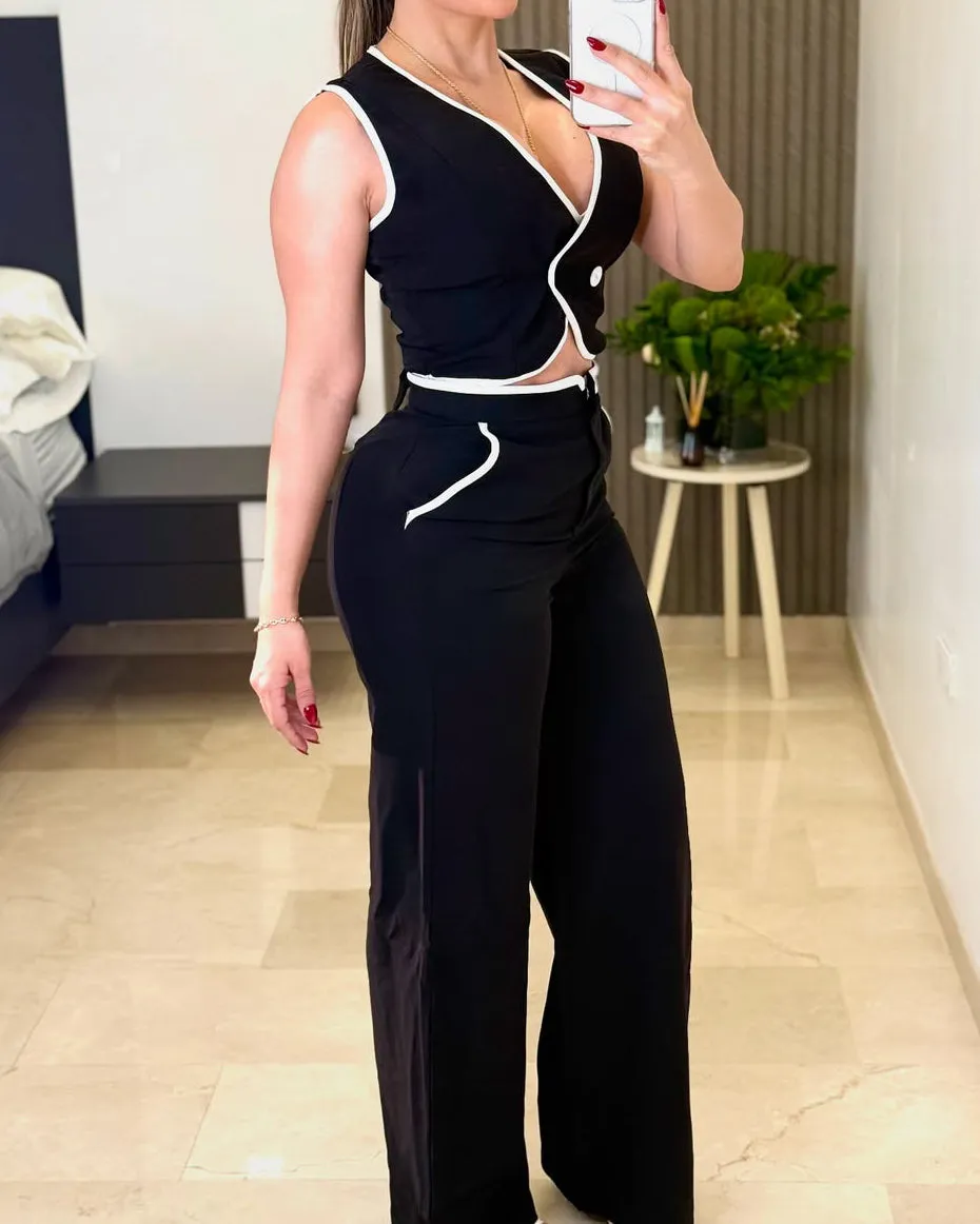 Women's Fashion Casual Sleeveless Wide Leg Pants 2-Piece Set