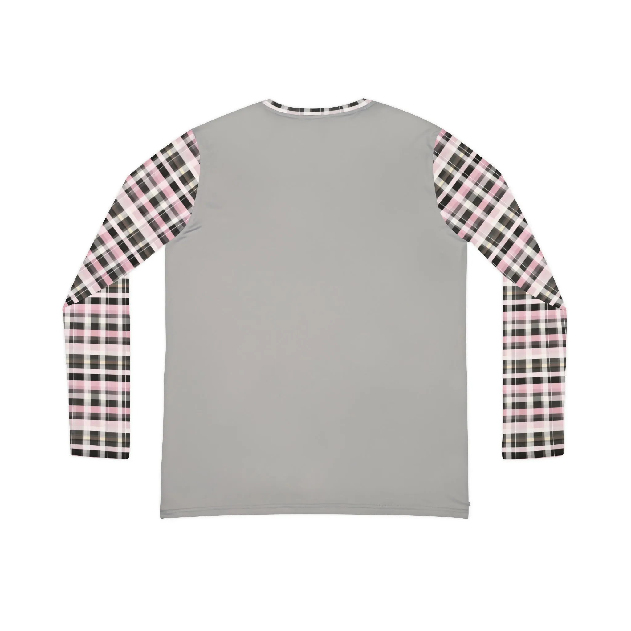Women's He Is Risen Typography With Purple Cross Graphic & Pink Plaid Sleeves Long Sleeve V-neck T-Shirt