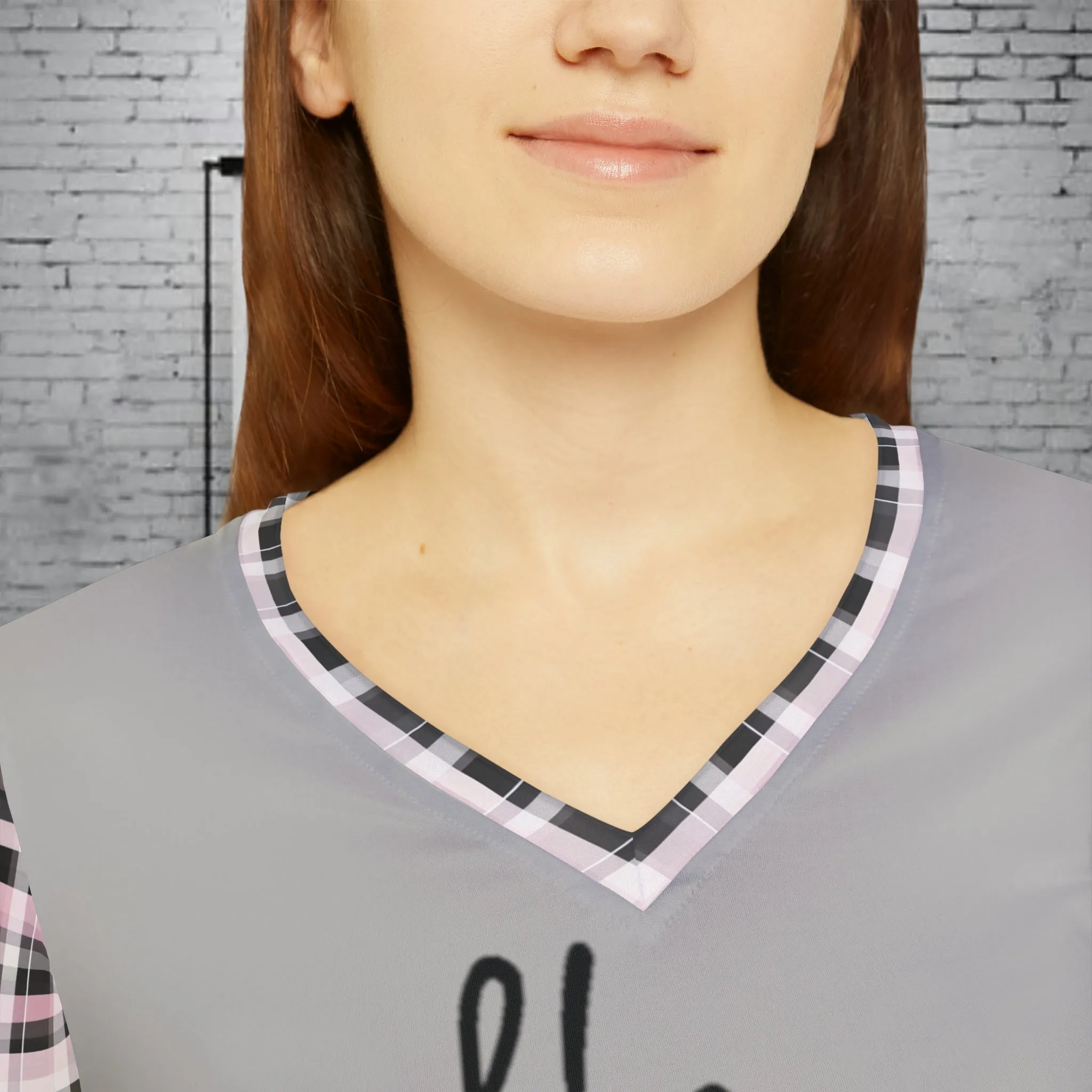 Women's He Is Risen Typography With Purple Cross Graphic & Pink Plaid Sleeves Long Sleeve V-neck T-Shirt