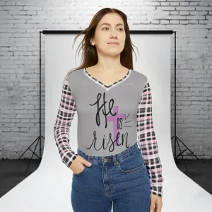 Women's He Is Risen Typography With Purple Cross Graphic & Pink Plaid Sleeves Long Sleeve V-neck T-Shirt