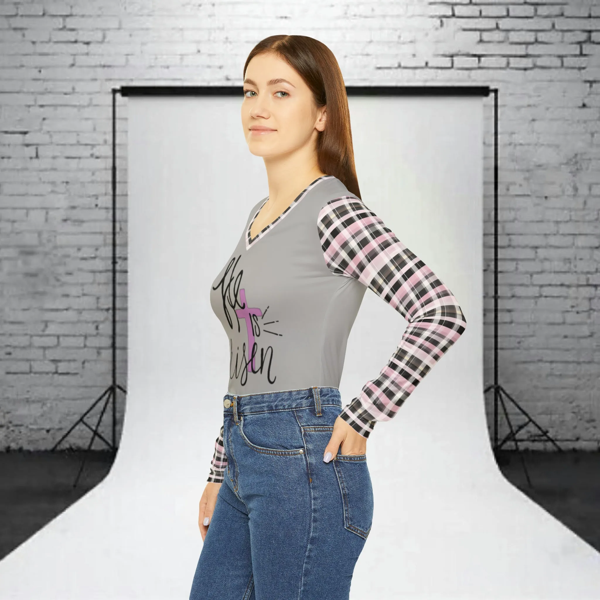Women's He Is Risen Typography With Purple Cross Graphic & Pink Plaid Sleeves Long Sleeve V-neck T-Shirt