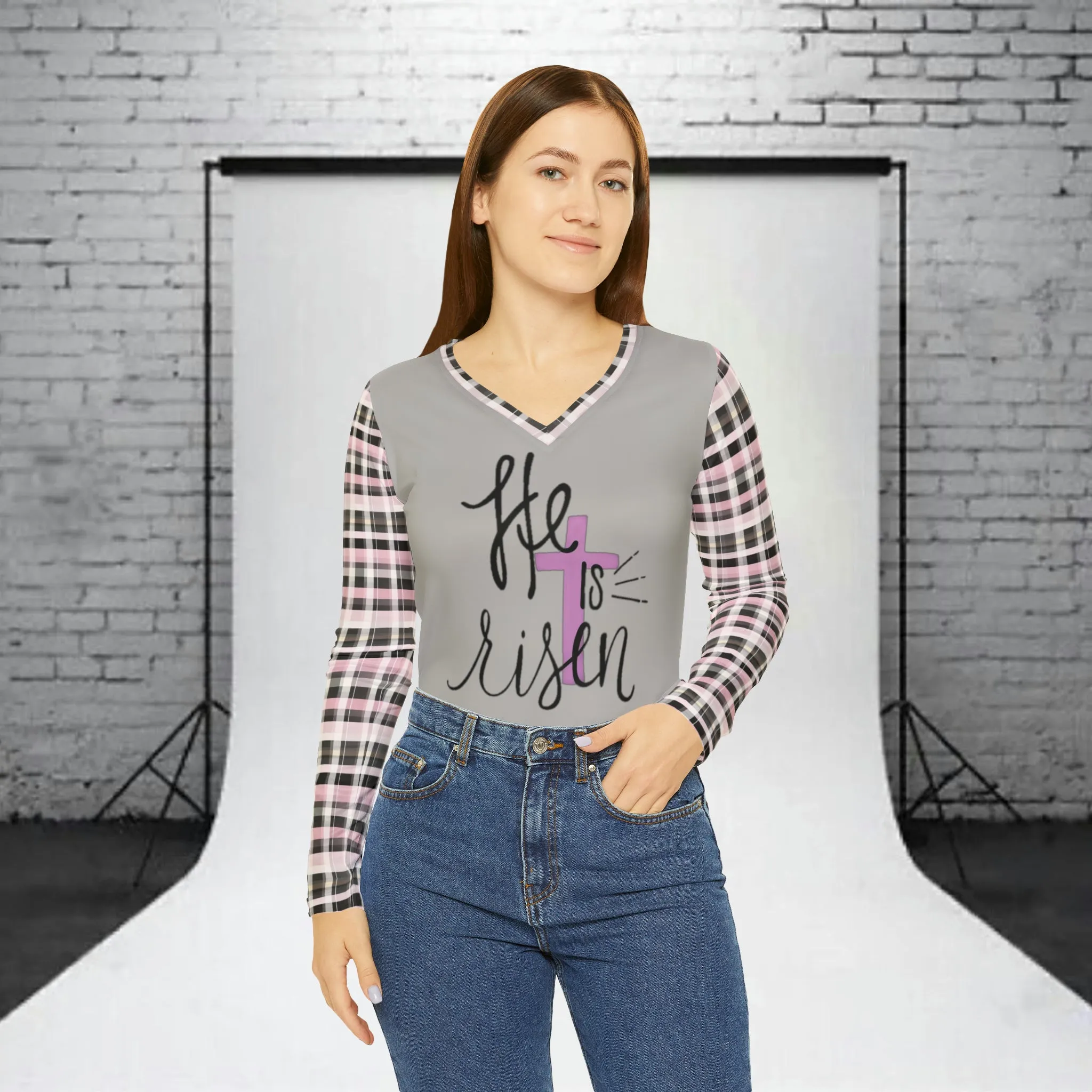 Women's He Is Risen Typography With Purple Cross Graphic & Pink Plaid Sleeves Long Sleeve V-neck T-Shirt