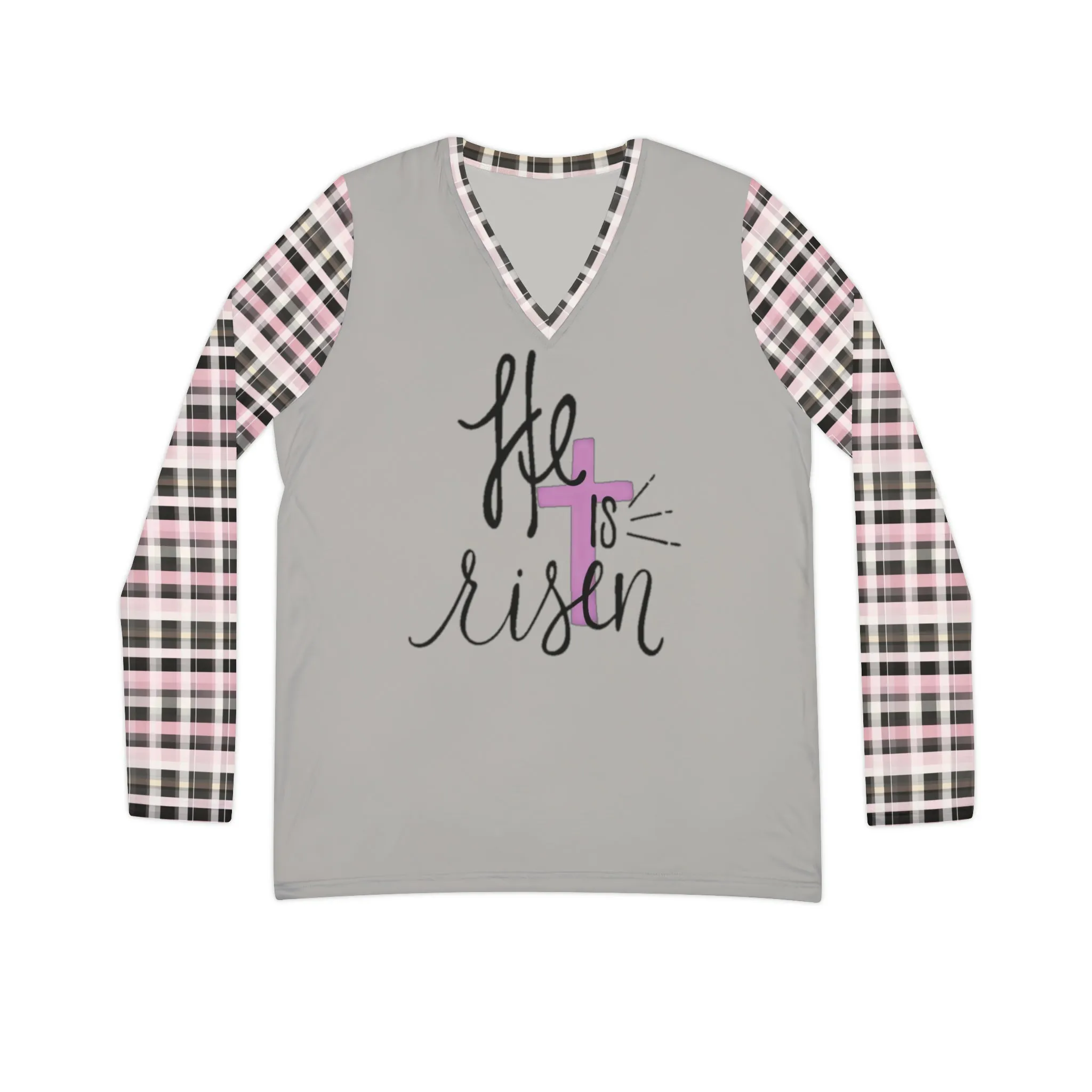 Women's He Is Risen Typography With Purple Cross Graphic & Pink Plaid Sleeves Long Sleeve V-neck T-Shirt