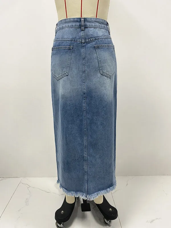 Women's high waist irregular raw edge denim skirt