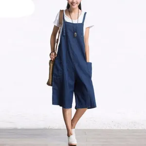 Womens Jumpsuits Sleeveless Adjustable Strap Pockets Button Wide Leg Denim Blue Retro Rompers Calf Length Overalls