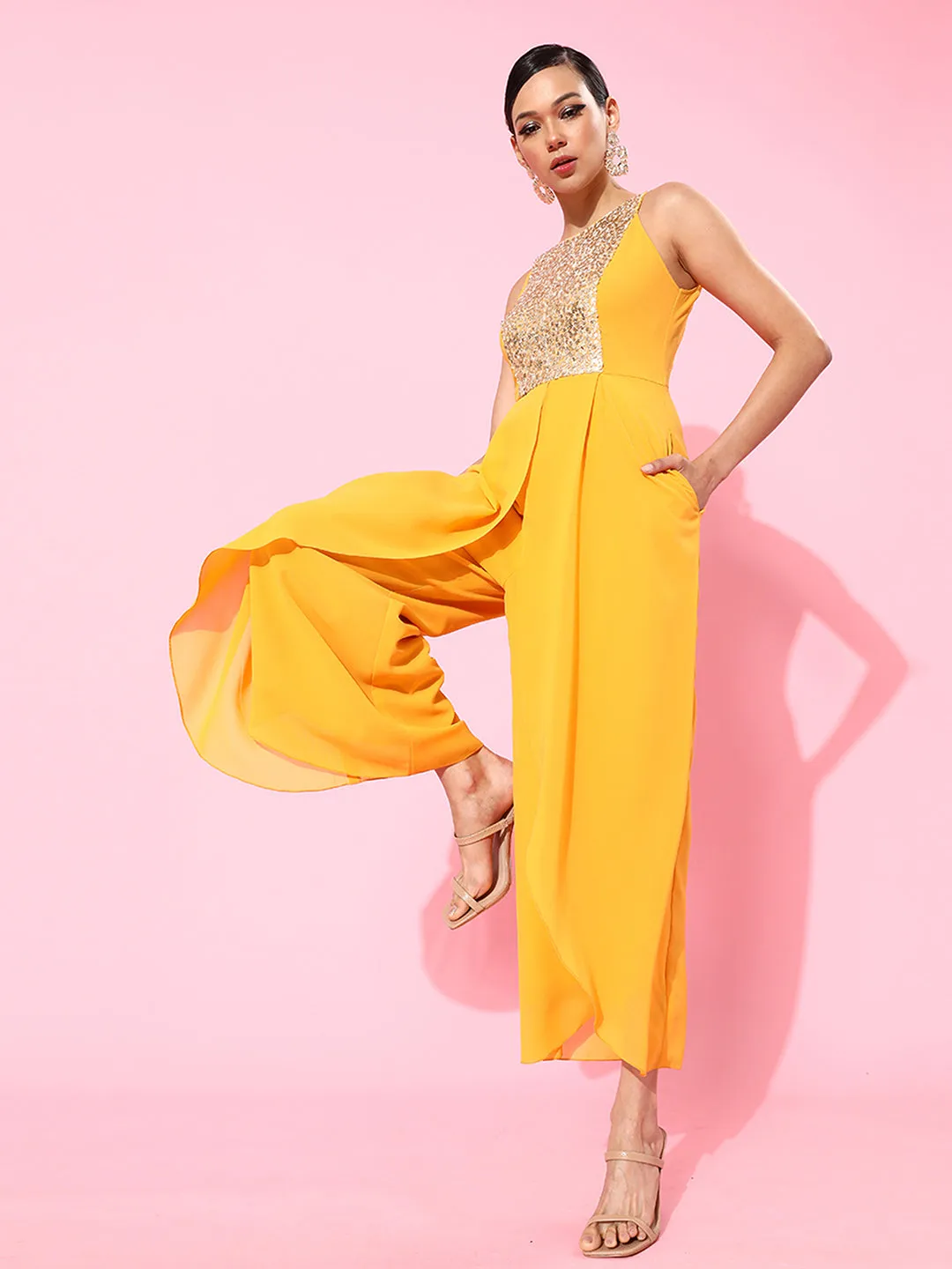 Women's Mustard Halter Neck Sleeveless Solid Embellished Regular Jumpsuit