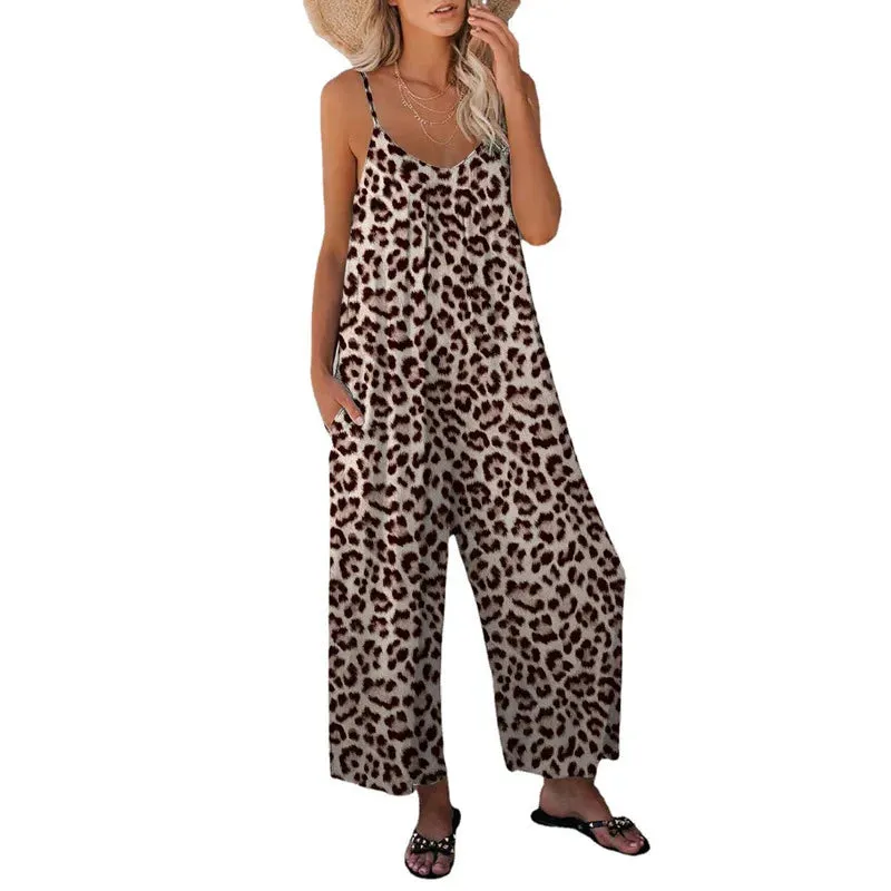 Women's Pants Cross Border Leopard Pattern Pocket Loose Casual Strap Jumpsuit