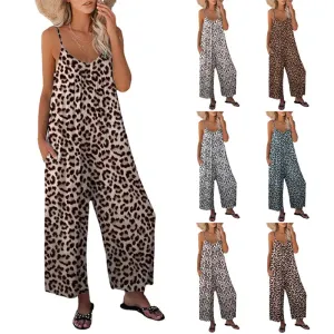 Women's Pants Cross Border Leopard Pattern Pocket Loose Casual Strap Jumpsuit
