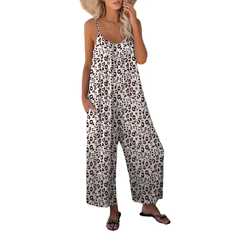 Women's Pants Cross Border Leopard Pattern Pocket Loose Casual Strap Jumpsuit