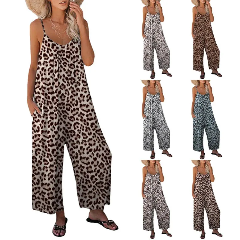 Women's Pants Cross Border Leopard Pattern Pocket Loose Casual Strap Jumpsuit
