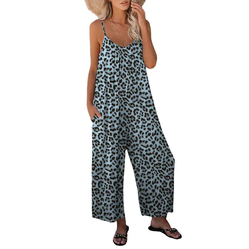 Women's Pants Cross Border Leopard Pattern Pocket Loose Casual Strap Jumpsuit